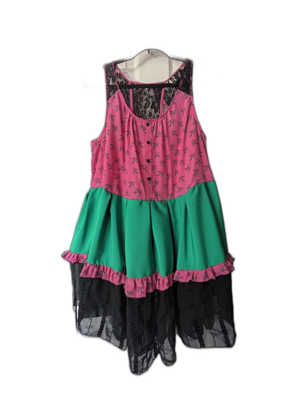 Upcycled Sleeveless Dress Bird Print Lace Racerback Green Ruffle Hem Hand
